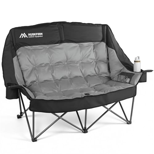 Huskfirm Double Camping Chair Black - 2 Person Low Seat with Cup Holders