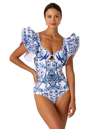 FLAXMAKER Blue & White Porcelain Pattern One-Piece Swimsuit with Skirt - Medium, Ruffle Design