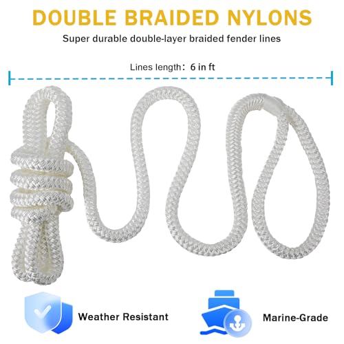 Marine Nylon Fender Lines 3/8" x 6' - White Boat Docking Ropes, Reinforced Eye Loop