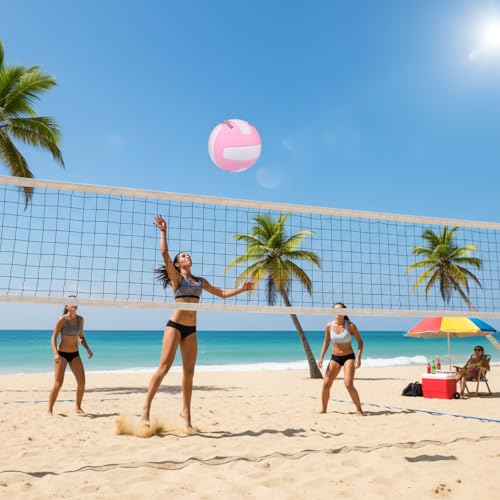 Size 5 Volleyball with Air Pump - White & Pink PVC Indoor Outdoor Training Ball
