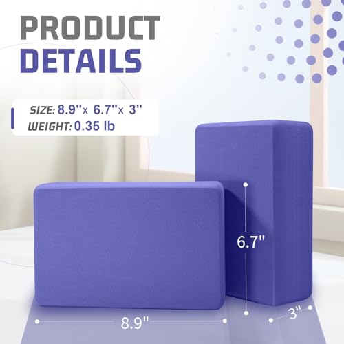 Purple Yoga Blocks 2 Pack - 3x6x9 Inch Non-Slip Foam Support - Rounded Edges