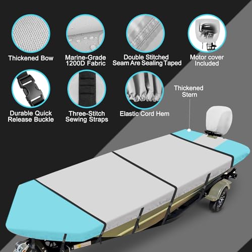 14 ft Waterproof Boat Cover for Jon Boats with Motor Cover - Gray / Fits Beam Up to 70 in