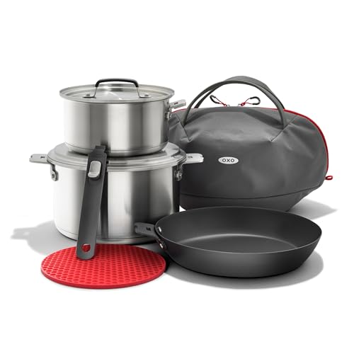 OXO Outdoor 8-Piece Camping Cookware Set with Skillets, Saucepans, Travel Bag