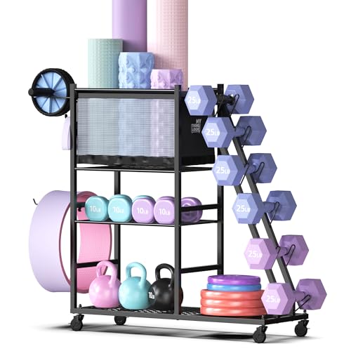 Dumbbell Rack with Yoga Mat Holder & Wheels - Home Gym Storage Organizer