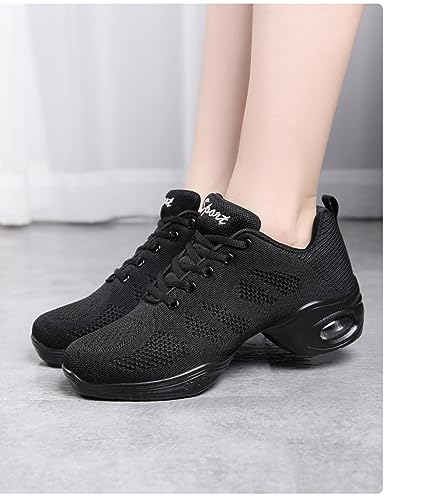 Women's Air Cushion Jazz Dance Sneakers - Breathable Mesh, Thick Sole, Black, Size 7