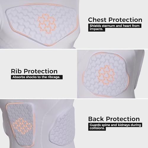 Youth Padded Football Shirt Chest Rib Protector - White, Medium, 4 Pads