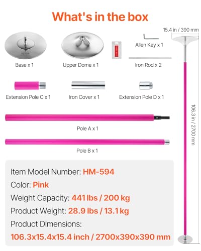 Pink Professional Dancing Pole Kit – Spin & Static Mode, 45mm Stainless Steel, Portable Fitness Pole for Home & Gym