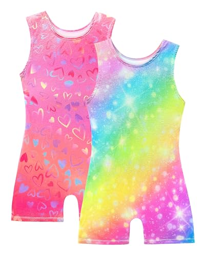 Girls Shiny Gymnastics Leotard Unitard with Love Heart & Rainbow Pattern 4-5T - Toddler Tumbling Dancewear