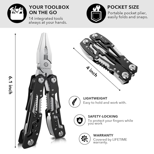 Fangfo 14-in-1 Multitool with Safety Locking – Professional Stainless Steel Pliers, Knife, Bottle Opener, Screwdriver, 10 Pack
