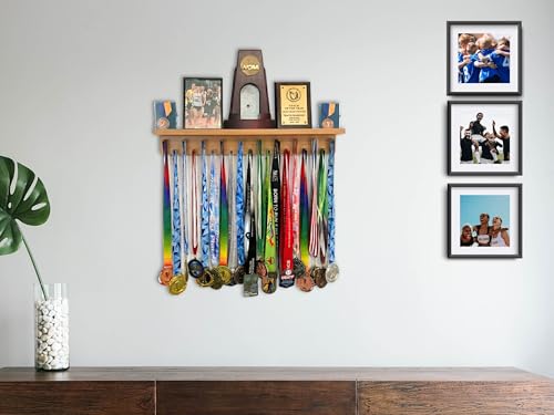 MedalAwardsRack Premier Medal Hanger Display Rack and Trophy Shelf - Stained Walnut, 2ft
