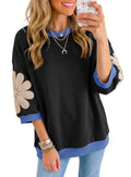 Large Womens Sweatshirt with Floral Patch 3/4 Sleeve Fall Top - Black