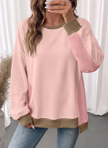 Women’s Oversized Waffle Knit Crew Neck Sweatshirt - Light Pink, Medium