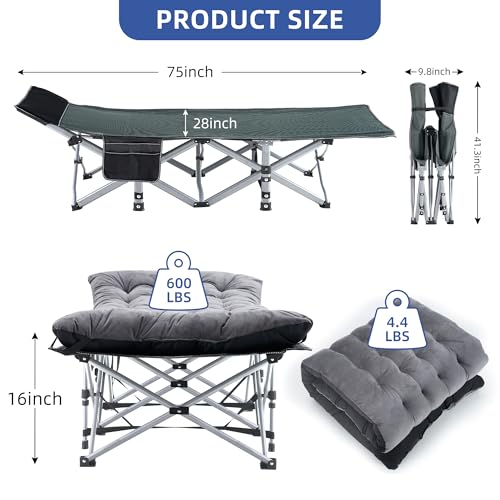 Fragess Camping Cot with Mattress & Pillow - Portable Double Layer Oxford Grey+Black