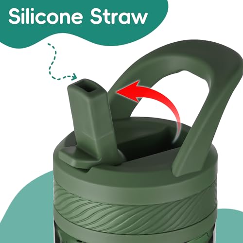 Kids Water Bottle 14oz BPA-Free Tritan with Straw Lid & Handle - Army Green