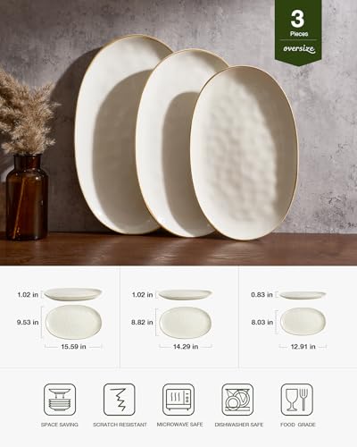Famiware Vanilla White Serving Platters Set of 3 - Oval Stoneware Trays for Food