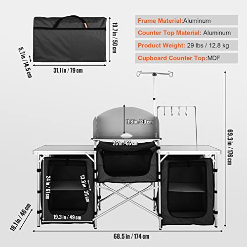 Camping Kitchen Table with Storage & Windscreen - Black, Folding Outdoor Cooking Station with Cupboard