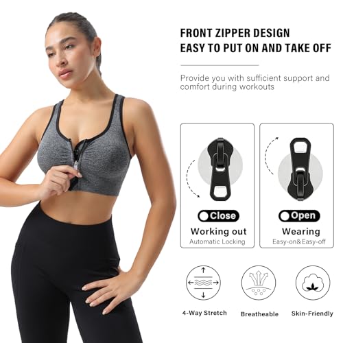 Women’s Seamless Wireless Medium Support Sports Bras – Large, Black Purple Grey