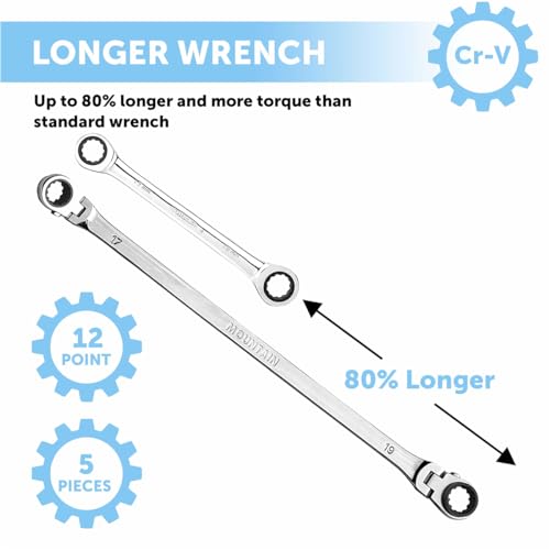 Mountain RM6 8-18mm 5-Piece Metric Double Box Universal Spline Reversible Wrench Set - Extra Long, 90 Tooth, 4° Swing Arc
