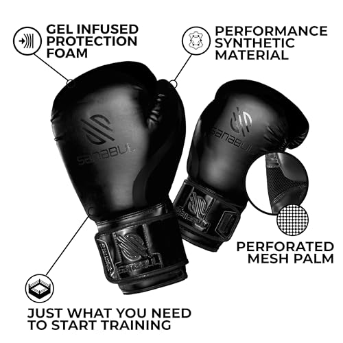 Sanabul Essential Gel Boxing Gloves - All Black, 10 oz, MMA Kickboxing