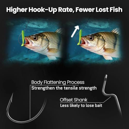FishTrip 120pcs EWG Worm Hooks Set Black - Bass Fishing Tackle