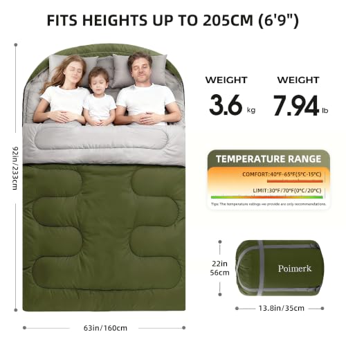Green Double Sleeping Bag for Adults with 2 Pillows, Queen Size Camping Gear