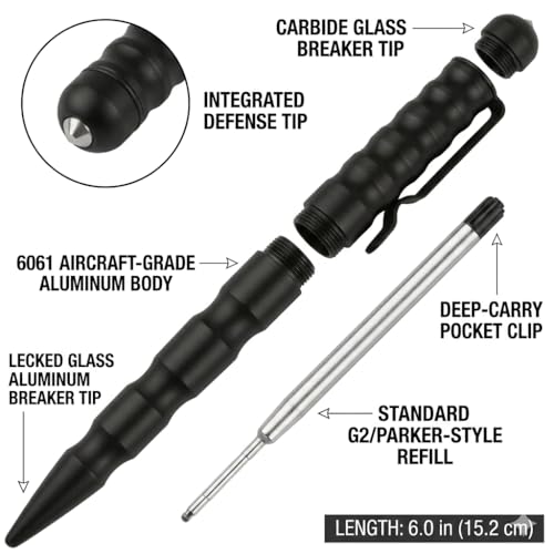 Black Tactical Pen with Glass Breaker and Self Defense Tool - EDC Military Gear