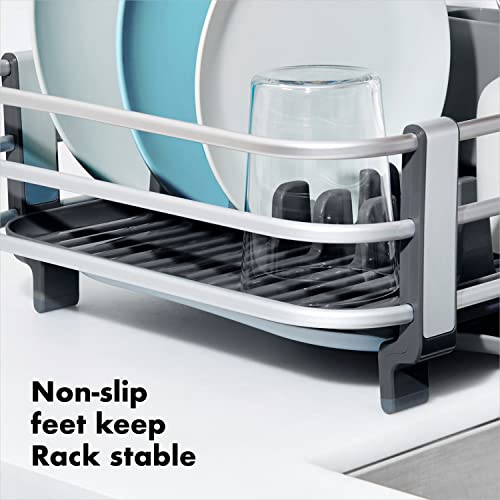 OXO Good Grips Dish Rack - Rustproof Aluminum Kitchen Dish Drying Organizer, with Adjustable Drain Tray & Removable Utensil Cup