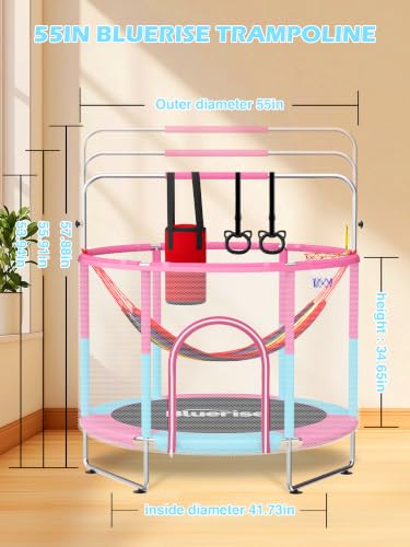 Kids Indoor & Outdoor Trampoline 55 Inch with Safety Enclosure Pink/Blue - 6-in-1 Play Set
