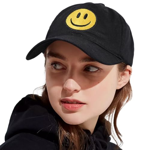 Sonmony Baseball Cap Smile Face Embroidered Dad Hat One Size Black