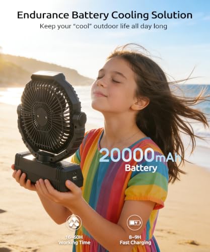Black Large Portable Camping Fan with 20000mAh Power Bank & Light