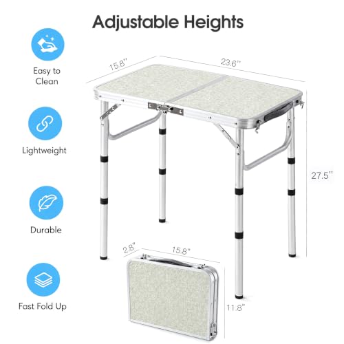 Portable Aluminum Camping Table - Small Foldable Picnic & Travel Desk, Silver & Sage Gray, 24 x 16 Inches, Adjustable Height