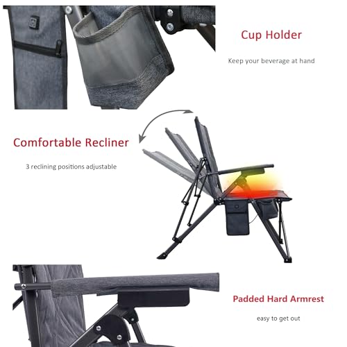 Sunnyfeel Grey Outdoor Reclining Camping Chair with Heating, Adjustable 3-Position Foldable Heavy Duty Lounger, 300 LBS Capacity