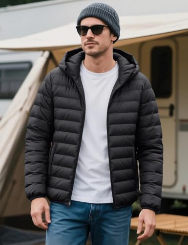 Men's Lightweight Puffer Jacket Hooded Winter Coat Black XL - Water-Resistant Quilted Bubble