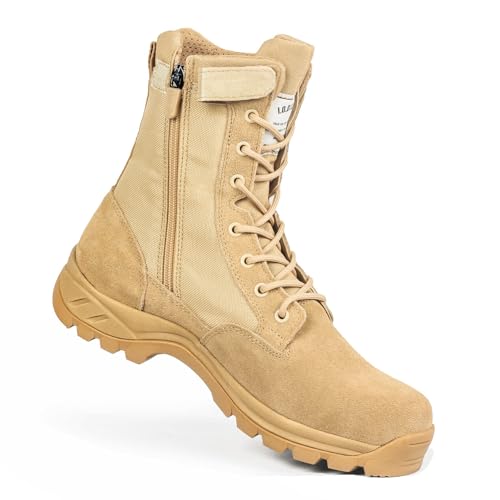 Men's Military Tactical Work Boots 9.5 Beige Side Zipper Desert Combat Lightweight Hiking