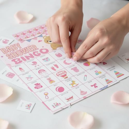 Baby Shower Bingo Game Cards Set Pink Teddy - Family & Party Activity
