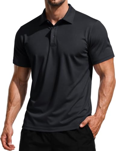 Men's Short Sleeve Performance Polo Shirt - Medium Black, 3 Button Casual Golf Collared Top