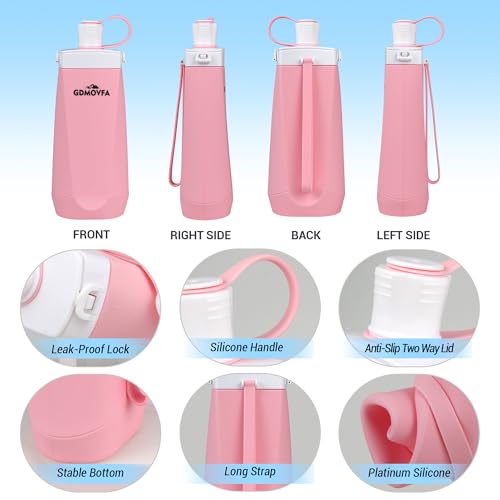 GDMOVFA 20oz Collapsible Silicone Water Bottle, Leak-Proof, BPA-Free Pink