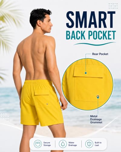Men's 2-in-1 Quick Dry Swim Trunks with Compression Liner & Pockets - Yellow, Medium