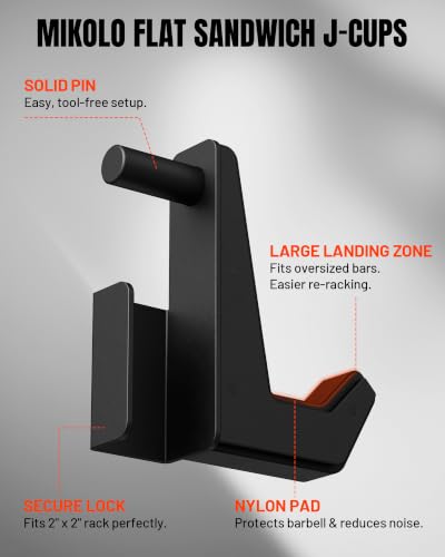 Mikolo Heavy Duty J Hooks for 2x2 Power Rack – Steel Barbell Holders for Home Gym