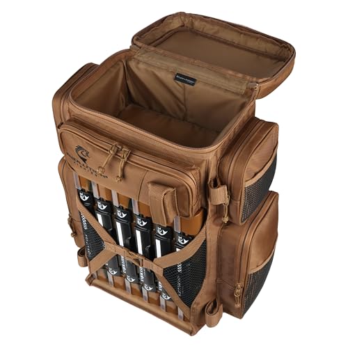Heavy Duty Fishing Tackle Backpack with 6 Trays & Rod Holders - Open Access Design