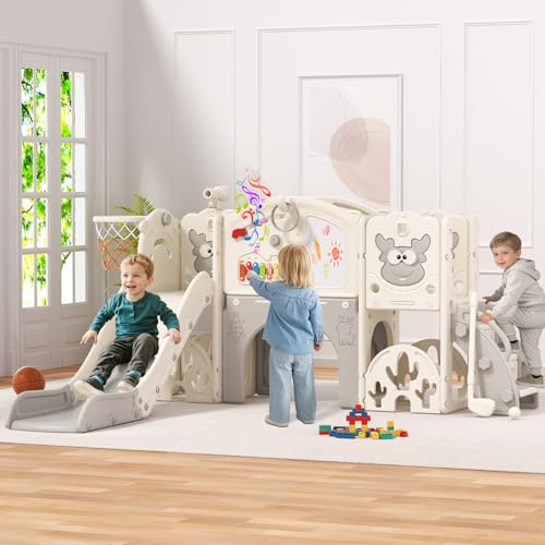 BIERUM Toddler Slide Set 13-in-1 Playground for Ages 1-3 Cream & Gray