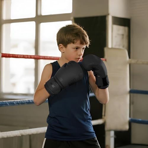 Kids Boxing Gloves - Black, 6oz for Youth Kickboxing & Training