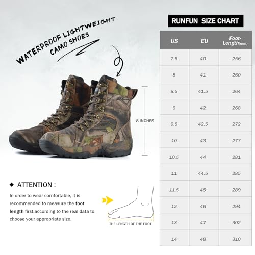 R RUNFUN Men's 8-Inch Waterproof Insulated Camo Hunting Boots - Brown, Size 10