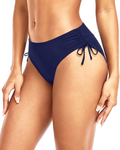 Women's Side Tie Mid Rise Bikini Bottom - Medium Navy Blue