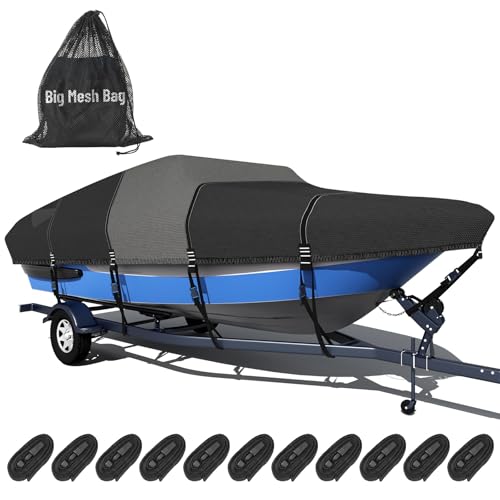1600D+1200D V-Hull Boat Cover with 2-Inch Tie-Down Loops, Black, 16-18.5Ft