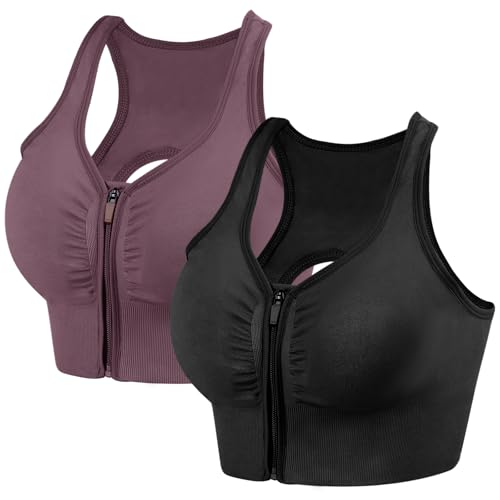 XX-Large Zip Front Sports Bras for Women - Black & Purple, Easy On & Off
