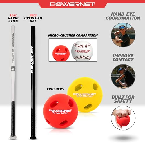 PowerNet Overload & Rapid Stick Baseball Training Bat Bundle with Micro Crusher Balls - Black & White