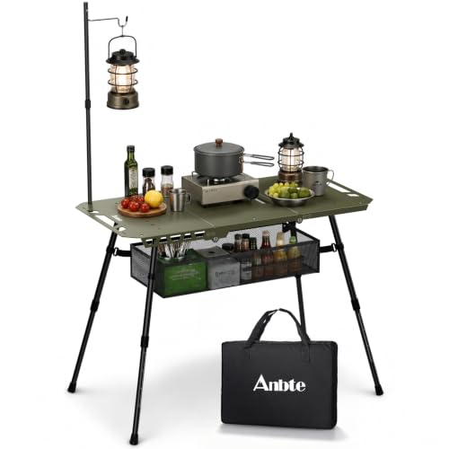 Adjustable Aluminum Camping Table with Folding Legs & Storage Basket