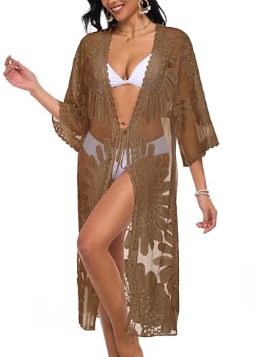 Women's Lace Beach Coverup Kimono Cardigan - One Size Brown