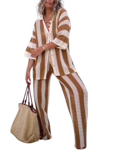 Women Cover Up Sets Button Up Tops with Pants Crochet Outfit Vacation Set - Medium Brown